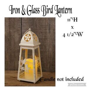 New Primitive Iron & Glass Bird Lantern by YHD 11"H (candle not‎ included)